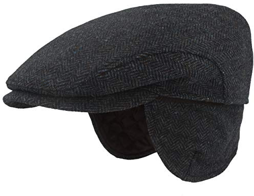 Breiter Herren Winter Schiebermütze mit Ohrenklappen Flatcap Schirmmütze 100% Wolle mit ausklappbarem Ohrenschutz Mütze Hautfreundlich & Bequem