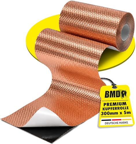 BMD 3D Moos Stopp Kupferband | 300mm x 5m | 2 Größen | UV-stabil | Butylkleber selbstklebend | Entmoosung von Dachziegeln | Profiqualität zur Reinigung des Daches | Anti-Moos