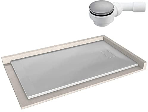 BERNSTEIN Duschtasse 90x160 cm Beton-Optik matt Flache Bauhöhe, Duschwanne der GT-SERIE aus SMC, Rechteckiges Duschbecken mit Gefälle, SMC -Duschwanne Komplett mit Ablaufgarnitur Typ B