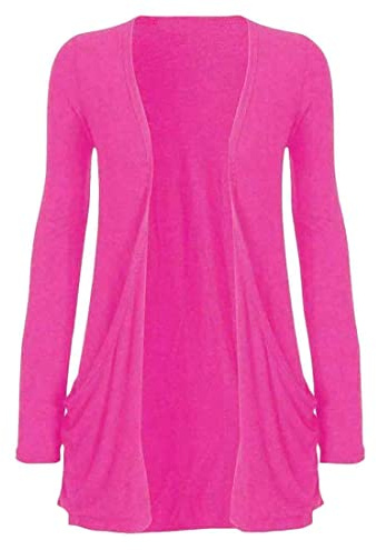 Ladies Long Sleeve Boyfriend Cardigan Womens Plain Pocket Top Waterfall Cardigan Tees Tops UK 8-26 (Fuchsia UK 12-14)