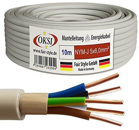 OKSI 10m NYM-J 5x6,0 mm² Mantelleitung Feuchtraumkabel Elektrokabel Kupfer Made in Germany