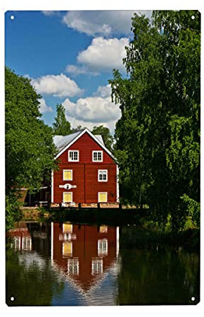 artboxONE Metall-Poster 20x30 cm Natur Haus am Fluss von Künstler Anja B. Schäfer