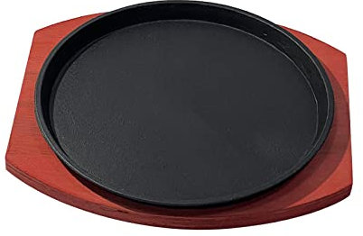 Milageto Piatto da Bistecca in Ghisa con Base in Legno, Dimensioni Personali, Tondo, Sfrigolante, Carne, Padella per Grigliate, per Cucina, RIS, 23 cm