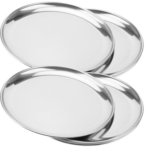 ZEONHEI 4 Pack 12 Inch Silver Stainless Steel Plates, Round Silver Metal Dinner Plates, Dishwasher Safe Stainless Steel Serving Dishes for Home, Camping, Barbecue