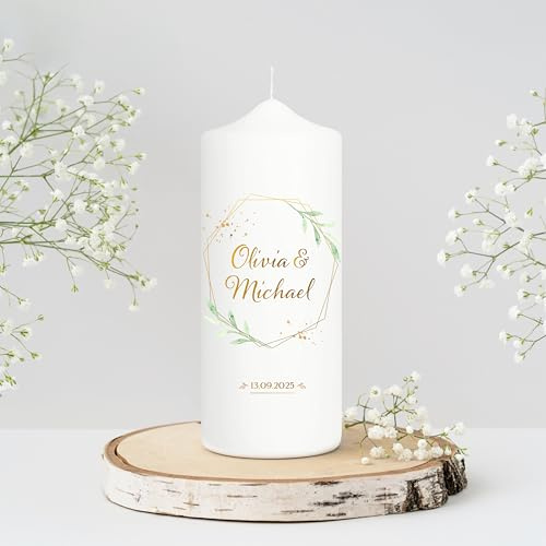Weiße Hochzeitskerze Kristallhochzeit geometrischer Rahmen mit Blättern personalisiert Hochzeitsgeschenk Spruch, Valentinstagsgeschenk, Gastkerze 18 x 7 cm
