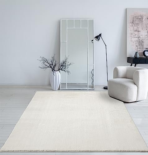 Mia´s Teppiche Taos – kuscheliger Kurzflor Teppich in Felloptik, super Soft & waschbar bis 30°C, mit Anti-Rutsch-Unterseite – ideal für Wohnzimmer & Schlafzimmer, Creme, 160 x 220 cm