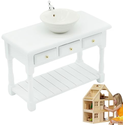 Wichtel Zubehör,Puppenhaus Zubehör, Puppenhauszubehör, Dollhouse Möbel 1:12 Runde Puppenhaus Bad Waschbecken mit Waschtisch Miniatur Badezimmer Tisch Waschbeckenmodell für Dollhouse Weiß