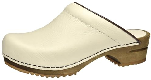 Sanita Chrissy offener Clog | Original handgemacht | Leder-Holzclogs für Damen | Nachhaltige Sohle | Weiß | 40 EU