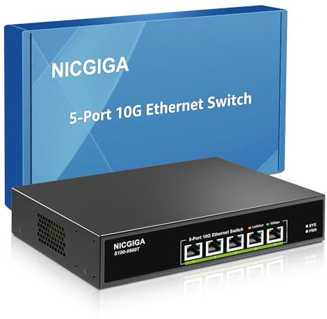 5 Port 10G Ethernet Switch Unmanaged,with 5X 10Gb Base-T RJ45 Ports, NICGIGA 10Gbps Network Switch Easy for 10G NAS,PC,WiFi7 Router,10G Adapter/NIC. Desktop or 19-inch Rack Mount, Plug and Play.