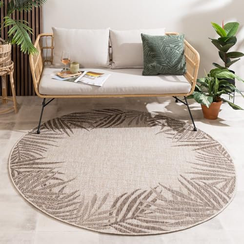 FRAAI | Home & Living In- & Outdoor Teppich Rund - Tiga Edge Taupe - Wetterfest - Polypropylen - Flachgewebe - Wohnzimmer, Balkon, Garten/Terrasse - Terrasse - Rug
