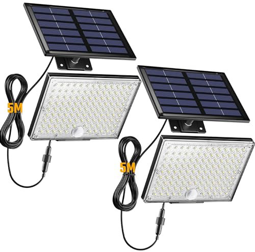 JACKYLED Solarlampen für Außen mit Bewegungsmelder 2 Stück，113 LED Solarlampen für Außen,IP65 Wasserdichte,180°Beleuchtungswinkel, 3 Modi,Solar lampe outdoor für Garten Garage Aussen mit 5M Kabel