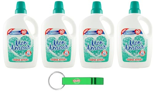 4x Felce Azzurra Mon Amour Ammorbidente Igiene Attiva- Profumo Inconfondibile, Capi Morbidi - 60 Lavaggi - 3Lt + Portachiavi Beni Culinari in Omaggio