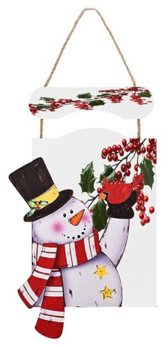 Targa in legno con pupazzo di neve natalizio con corda, stampa di rami di bacche di agrifoglio, pupazzo di neve, decorazione natalizia da appendere alla parete per la casa