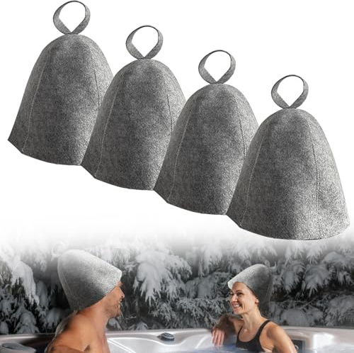 4 Stück Saunahut, Saunahüte Filz mit Haken, Sauna Hut Sauna Mütze Filzhut, Saunahut aus Wollfilz gegen Hitze, Filzkappe Saunakappe Duschkappe Badekappe Duschhaube für Damen und Herren, Grau