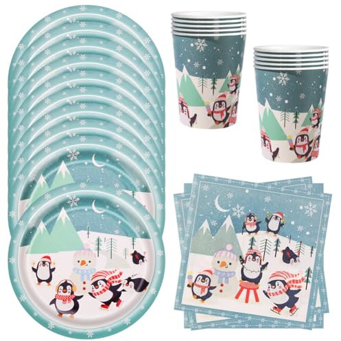 MEZHEN Vaisselle de fête pingouin - Vaisselle de fête de Noël - Décoration d'anniversaire - Assiettes en carton - Gobelets - Décoration de table - Fête d'anniversaire - Pingouin
