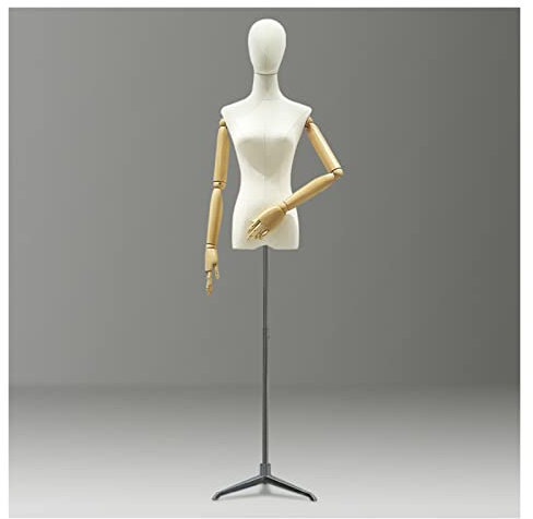 CVNIMV Weiblicher Schaufensterpuppen-Torso, Leinenstoff-Mannequin mit abnehmbarem Kopf, Schneiderpuppe zum Nähen mit flexiblem Arm, Silber, Einheitsgröße
