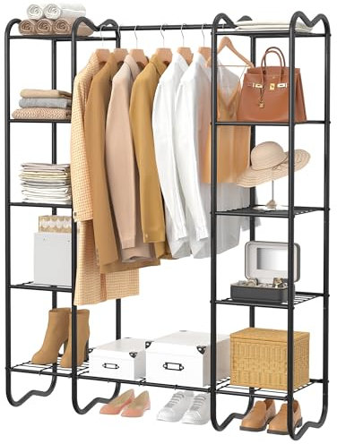 FAVOOSTY Offener Kleiderschrank, Kleiderständer Stabil, Garderobenständer mit Beide Seiten 5 Ablagen, Metallrahmen, für Schlafzimmer, Wohnzimmer, 125.90 × 39.00 × 160.00 cm Schwarz
