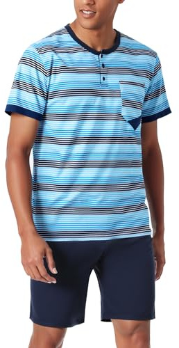 Jezonga Herren Schlafanzug Kurz Baumwolle Nightwear Set Pyjama Shorty Sommer Schlafanzüge Männer Kurzarm Nachtwäsche mit Knopfleiste D#Blau L