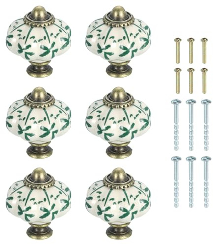 sourcing map 6Pcs Ceramic Knobs, 35mm/1.38 Pumpkin Cabinet Knob Drawer Pull Handle Vintage Drawer Knobs with Screws for Vanity Bedroom Furniture Closet, Green
