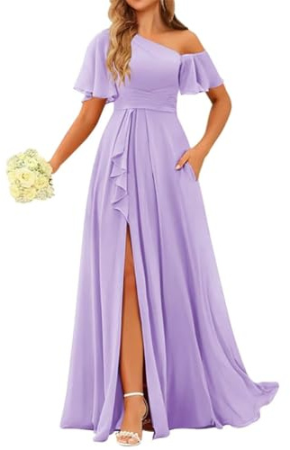 Robes de demoiselle d'honneur à une épaule pour femme avec poches - Robe de soirée formelle en mousseline de soie à volants - Grande taille, lilas, 58 grande taille