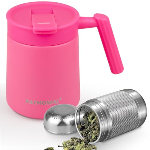 PATMOSEAL Tasse isotherme en acier inoxydable anti-fuite avec infuseur à thé pour feuilles en vrac, fruits, café, lait, soupe, 500 ml (rose rouge)