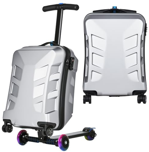 Scooter Suitcase for Kids & Adults，3-D Hardshell Ride On Scooter Luggage with Led Light Up Wheels，TSA Lock，Lightweight Foldable Carry On Rideable Suitcase for Children Teenagers (Silver, 21-inch)