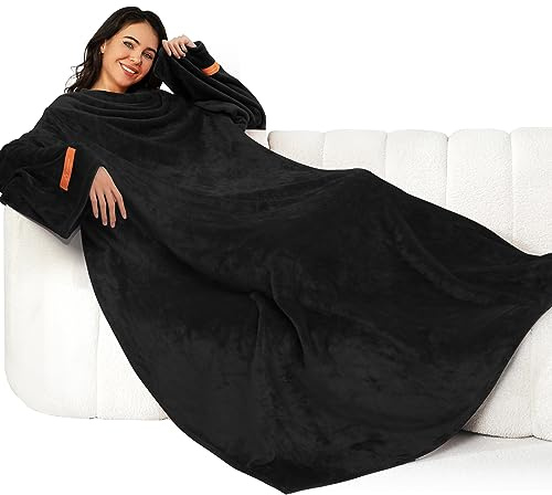 Winthome Blanket with Sleeves, Gift for Women Men Adult, Soft and Cozy Wearable Blanket with Elastic Cuffs, Hook and Loop Fastener (Black, 140x180cm)