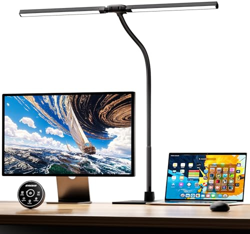 EYOCEAN Schreibtischlampe, Doppelkopf Schreibtischlampe Kinder, Augenschutz Desk Lamp, 16W 72cm Tageslichtlampe Schreibtisch mit Fernbedienung, Dimmbare Monitor Lampe, Schwanenhals Büro Tischlampe