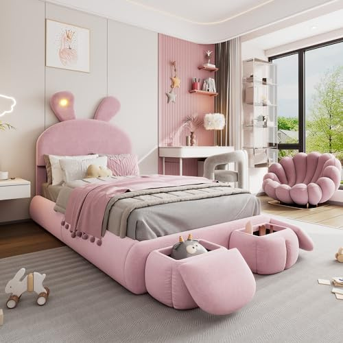RIAZOS Kinderbett 90x200 cm Polsterbett mit LED & Aufbewahrungsbank, Samtstoff, Hasen-Form, Bettgestell Mädchenbett Einzelbett Jugendbett, ohne Matratze, Rosa