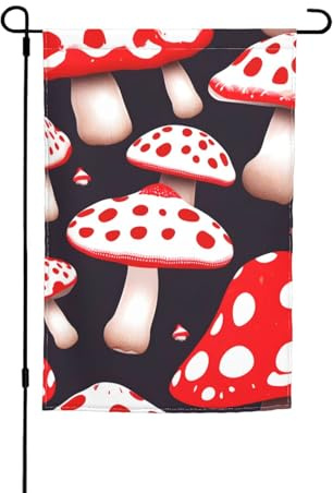 Drapeau de jardin rouge blanc et champignon imprimé divers drapeau extérieur décoration de cour pour patio, porche ou pelouse drapeau