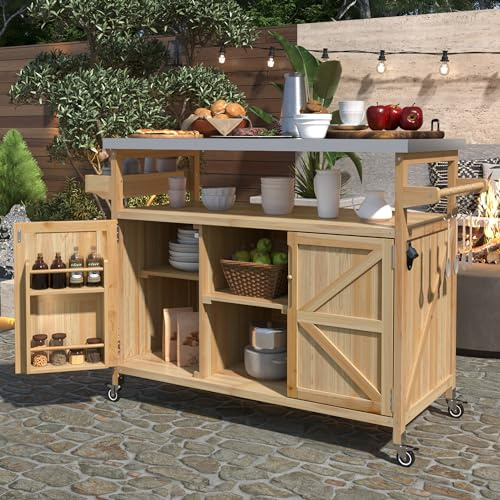Merax Outdoor Kitchen Island, Rolling Bar Cart & Storage Cabinet, Farmhouse Solid Wood Outdoor Grill Table with Stainless Steel Top, Spice Rack, Towel Rack for Kitchen & BBQ, Natural