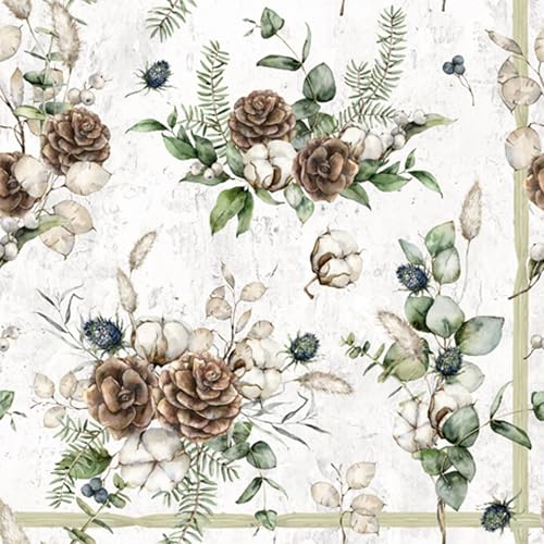 Servietten Papier 33x33cm 3-lagig 20 Stück - hochwertig & nachhaltig - Einweg Papierservietten mit Baumwollblüten, Tannenzapfen & Eukalyptus - natürliches Wintermotiv in Creme & Grün