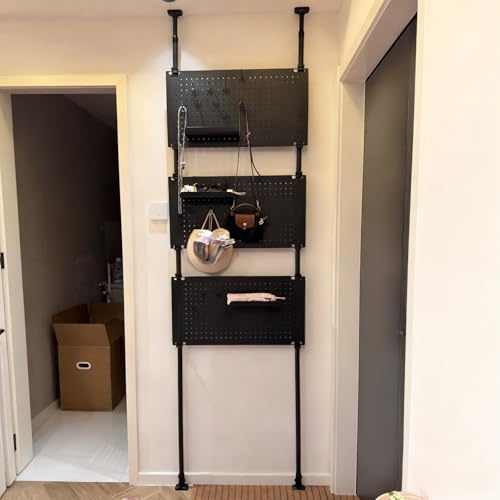 Dalumian Tall Narrow Book Shelf Behind Door, Floor Storage Organizer with Hooks & 3 Pegboard, Floor to Ceiling Tension Mount, Carbon Steel Industrial Storage Shelf, Telescopic Clothes Rack(45cm)