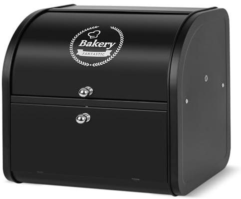 Nymblis Double Metal Bread Bin, Large Roll Top Bread Storage Box(Black) | Food Storage Containers for Kitchen, with Non-slip Rubber Feet, for Stability and Durable, 35 x 25 x 33 cm