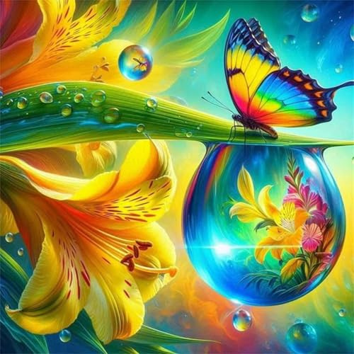 Umfarvt 5D Gelbe Lilie Tautropfen Diamond Painting Erwachsene,Diamond Painting Bilder für Anfänger,DIY Round Voller Kristall Strass Kreuzstich Malen Nach Zahlen Kits für Zuhause Dekor 30x30cm