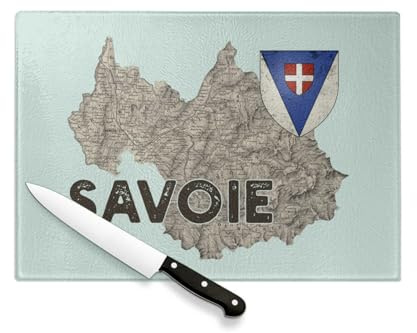 Planche à Découper en Verre Trempé - Savoie 73 Departement Chambery Carte Ancienne Alpes - Protection Plan de Travail et Dessous de Plat Résistant Chaleur 2 Tailles Imprimé en France