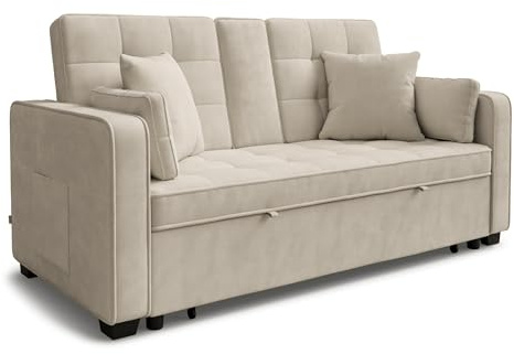 DAKO® Sofa Bed KINSLEY – 3-Seater with Pull-Out Armrest, Sleeping Function & Cushions – Modern Upholstered Sofa for Living Room or Guest Room (Beige)