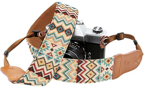 Padwa Lifestyle Camera Strap - 2 Wide Cowhide Head, Embroidered Cotton Woven Vintage Camera Straps,Universal Strap for All DSLR Cameras and Men & Women Photographers（Cool Ethnic Style Apricot）