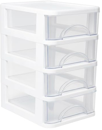 Organizer da Scrivania 4 Cassetti Trasparente in PP 14,2x18,3x23,5 cm | Cancelleria e Cosmetici Classificati, Accesso Facile, Meno Disordine, per Bagno Cucina e Studio