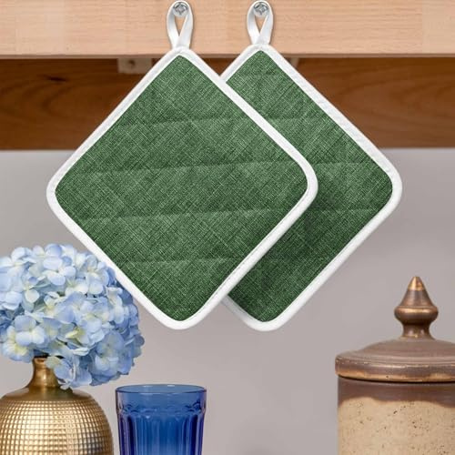 Pot Holders Set of 2, Farm Dark Green Burlap Linen Potholder for Kitchen Heat-Proof Hot Pads, Vintage Flax Hot Mats Potholders for Cooking Baking BBQ