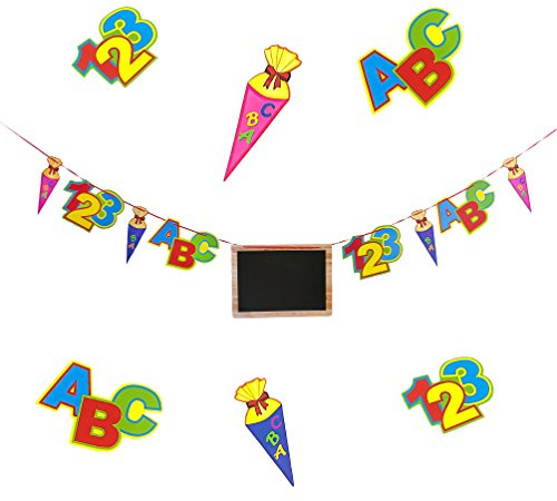 Oblique Unique® Schulanfang ABC Girlande mit beschreibbarer Tafel Schuleinführung Zuckertüte Kinder Schüler Fest Dekoration