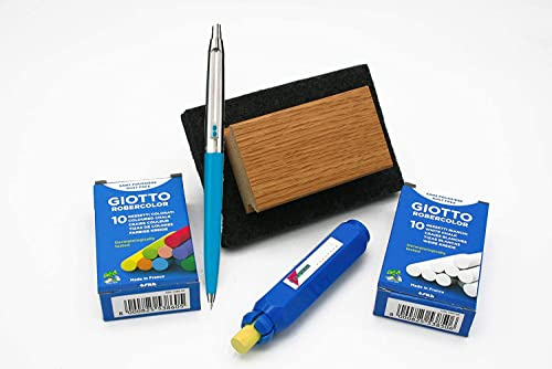 PACK LOTE Borrador pizarra TIZA verde FAIBO Madera Fieltro + 1 Portatizas + 10 Tizas Antipolvo Robercolor Giotto Blancas y 10 de colores + REGALO 1 Bolígrafo Inoxcrom B55 Fiesta