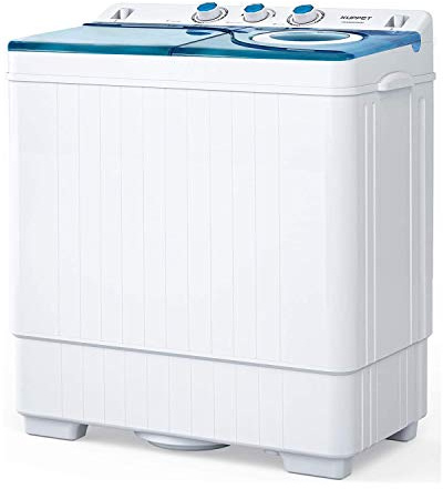 KUPPET Compact Twin Tub Portable Mini Washing Machine 26lbs Capacity, Washer(18lbs)&Spiner(8lbs)/Built-in Drain Pump/Semi-Automatic (White&Blue)