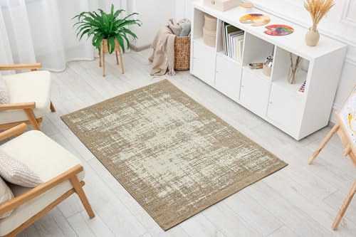 andiamo Webteppich moderner stilvoller Kurzflor Teppich robust und pflegeleicht aus 100% Polypropylen geeignet für Fußbodenheizung und Saugroboter 160 x 230 cm Streifen Beige