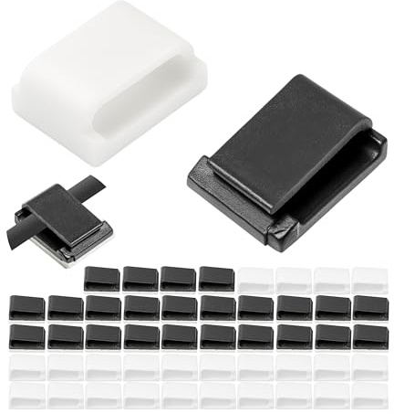 Kabel Management Clips zum Kleben, 50 Pack, in Schwarz und Weiss, 16 x 13 mm, Kabelklemmen Set für TV, PC, Küchengerät, Lampe, usw., selbstklebende Kabelhalter, Kabelhalterungen für Wand, Decke, Boden