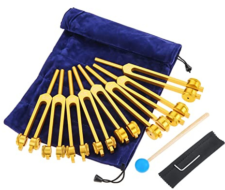 DRELD 8PCS Chakra Stimmgabeln Set, 7 Chakren + 1 Seelenzweck Gewichtete Stimmgabeln mit Hammer Tasche Tuch (126.22 Hz, 136.1 Hz, 141.27 Hz, 172.06 Hz, 194.18 Hz, 210.42 Hz, 221.23Hz, 272.2Hz) Gold