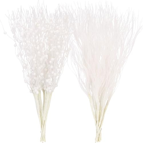 Sea Team 12-Pack Artificial Glitter Berry Stem Ornaments, Decorative Bead Sticks, Glittery Twigs, Picks, Branches for Christmas Tree, Small Vase, Holiday, Wedding, Party (17 Inches, White)