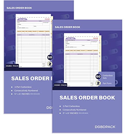 DGBDPACK Sales Order Book 2 Pack, 2 Part Carbonless Invoices, White/Canary, 5-9/16 x 8-3/4 Inches, Receipt Book 50 Units per Book