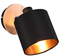 meineWunschleuchte LED Wandstrahler dimmbar, Holzsockel mit Stoffschirm in Schwarz-Gold Ø12cm