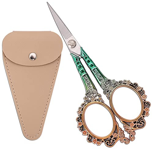 HITOPTY Nähschere, scharfe Stickschere mit Scheide, Bastelschere für Handarbeit, Kunstwerke, Einfädeln, Kreuzstich, Handwerk, DIY-Werkzeug, 11,4 cm, goldgrüne Schere